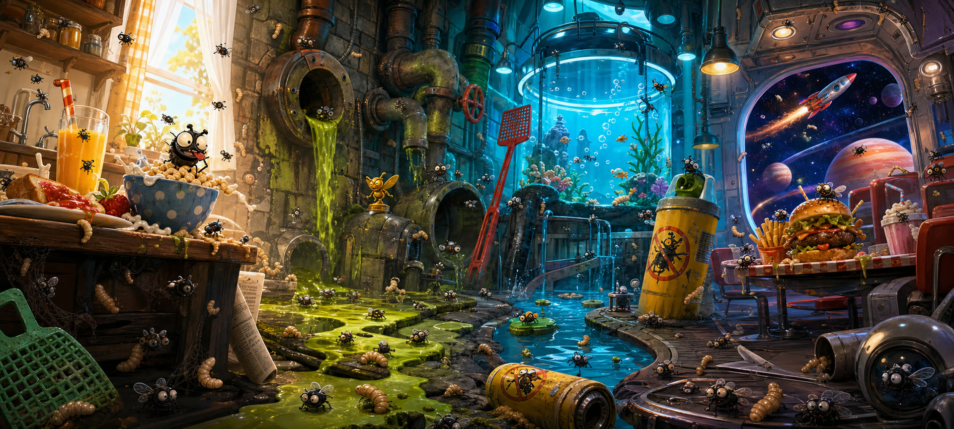 An original illustrated journey from a breakfast kitchen through a sludge room and aquarium machinery to an orbital diner overrun by flies and maggots.