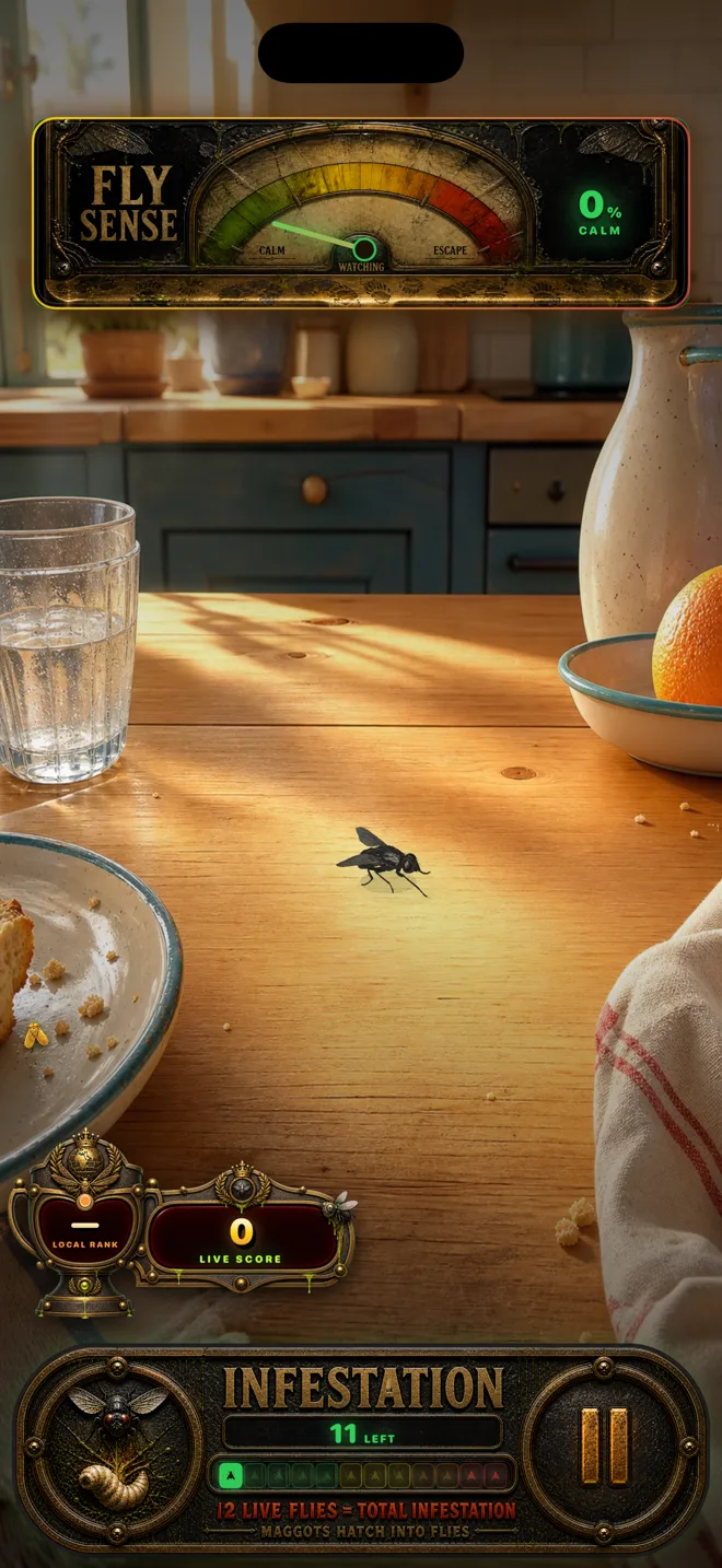 Gameplay showing the Fly Sense meter, combo tracker and infestation panel.